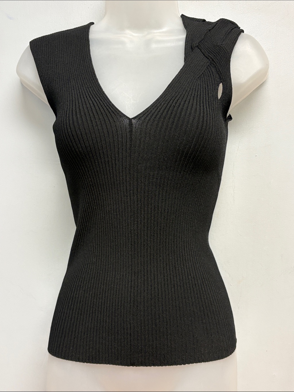 Nude Italy Ribbed Knit Sleeveless Twist Shoulder Sweater Tank Black Size 42